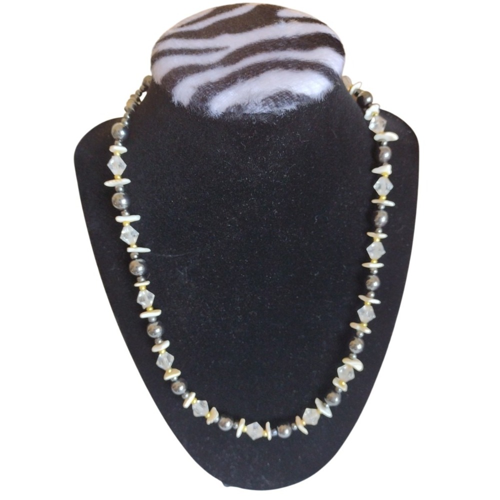 Handmade Necklace Black White Clear Shells Beads‎ And Pearl Medium Length Beach
